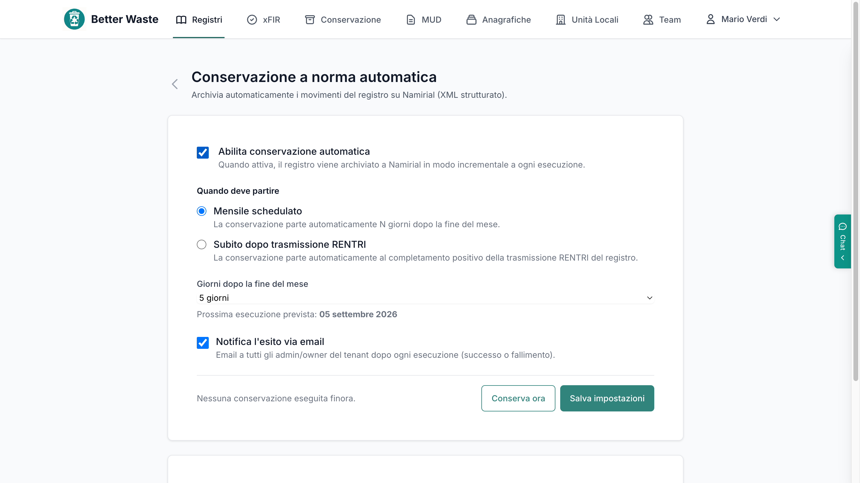 Impostazioni di conservazione automatica del registro